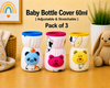 The Little Lookers Soft Plush Stretchable Baby Feeding Bottle Cover with Easy to Hold Strap | Cute Animated Overall Print Pack of 2 (Multicolor, Narrow Neck 60ml / 2oz)