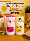 THE LITTLE LOOKERS Soft Plush Stretchable Baby Feeding Bottle Cover with Easy to Hold Strap | Cute Animated Overall Print Pack of 2 (Pink & Blue, Narrow Neck 120ml/4oz)