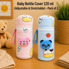 THE LITTLE LOOKERS Soft Plush Stretchable Baby Feeding Bottle Cover with Easy to Hold Strap | Cute Animated Overall Print Pack of 2 (Multicolor, Zip Closure 120ml,150ml/4oz,5oz)