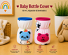 The Little Lookers Soft Plush Stretchable Baby Feeding Bottle Cover with Easy to Hold Strap | Cute Animated Overall Print Pack of 2 (Multicolor, Narrow Neck 60ml / 2oz)