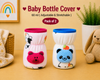 The Little Lookers Soft Plush Stretchable Baby Feeding Bottle Cover with Easy to Hold Strap | Cute Animated Overall Print Pack of 2 (Multicolor, Narrow Neck 60ml / 2oz)