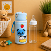 THE LITTLE LOOKERS Soft Plush Stretchable Baby Feeding Bottle Cover with Easy to Hold Strap | Cute Animated Overall Print Pack of 2 (Multicolor, Zip Closure 120ml,150ml/4oz,5oz)